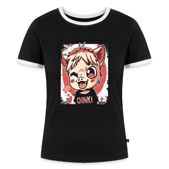 Freches kleines Anime-Kinder-Schweinchen, Oink! - Frauen Kontrast-T-Shirt - Schwarz/Weiß - Vorne - Selfina (174cm)