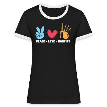 Peace - Love - Bagpipe - Bagpiper - Frauen Kontrast-T-Shirt - Schwarz/Weiß - Vorne - Selfina (174cm)