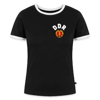 DDR 1974 WM Nationalmannschaft Retro Shirt Tasche - Frauen Kontrast-T-Shirt - Schwarz/Weiß - Vorne - Selfina (174cm)