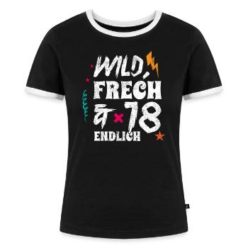 Geschenk 18 Geburtstag Erwachsen Achtzehn - Frauen Kontrast-T-Shirt - Schwarz/Weiß - Vorne - Selfina (174cm)