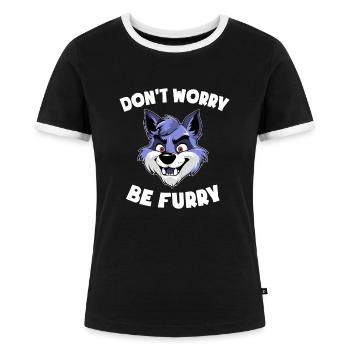 Furry Design - Don’t Worry be Furry - Wolf - Frauen Kontrast-T-Shirt - Schwarz/Weiß - Vorne - Selfina (174cm)