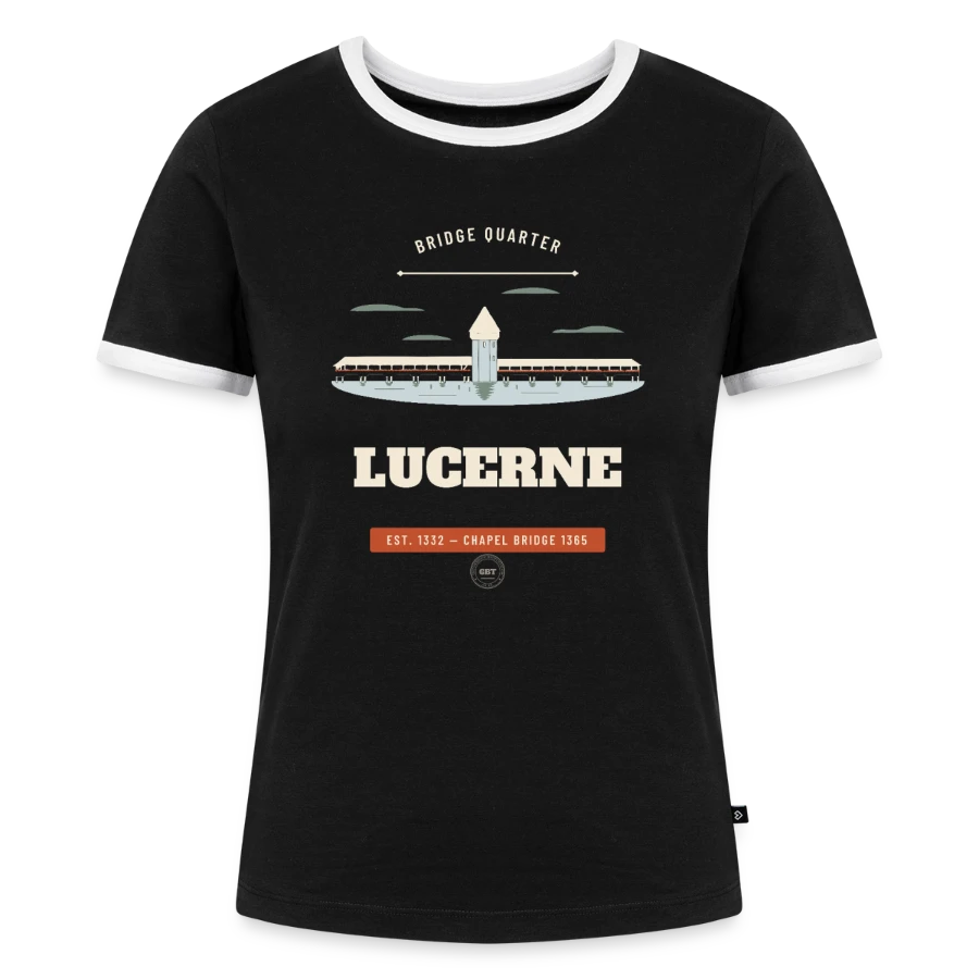 Lucerne badge on a women's ringer t-shirt, black/white