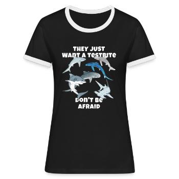 Espèces de requins : Requin bleu, Requin tigre, Requin marteau - T-shirt contrasté Femme - noir/blanc - Devant - Selfina (174cm)