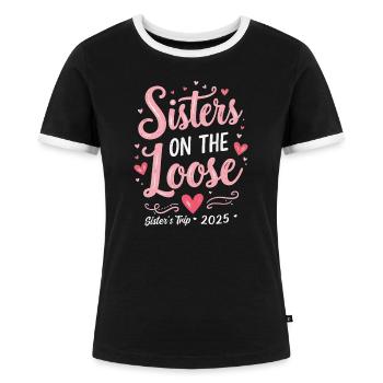 Schwestern auf freiem Fuß Schwesternreise 2025 Urlaub - Frauen Kontrast-T-Shirt - Schwarz/Weiß - Vorne - Selfina (174cm)