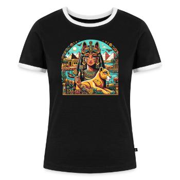 Bastet Ägyptische Göttin Ägypten Pyramide Ägypten - Frauen Kontrast-T-Shirt - Schwarz/Weiß - Vorne - Selfina (174cm)