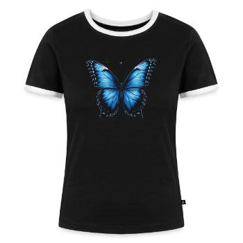 Butterfly Lover Insect Bug Blue Morpho Butterfly - Women's Ringer T-Shirt - black/white - Front - Selfina (174cm)