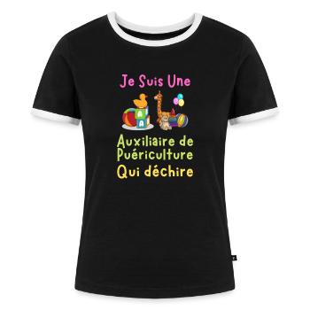 Auxiliaire de puériculture Cadeau Puéricultrice - T-shirt contrasté Femme - noir/blanc - Devant - Selfina (174cm)