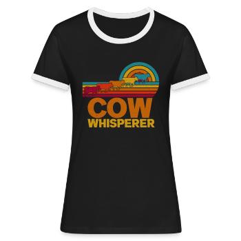 Colorful nostalgic retro farmer COW WHISPERER - Women's Ringer T-Shirt - black/white - Front - Selfina (174cm)