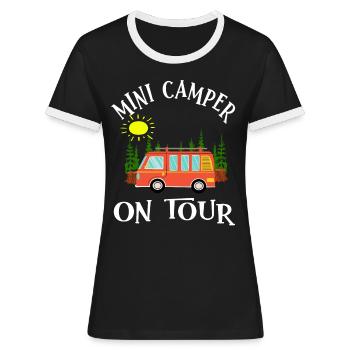 Klein Camper op Tour Roadtrip Camping Bus - Vrouwen contrastshirt - zwart/wit - Voor - Selfina (174cm)