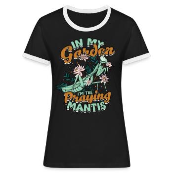 Gottesanbeterin Fangheuschrecken Fangschrecke - Frauen Kontrast-T-Shirt - Schwarz/Weiß - Vorne - Selfina (174cm)