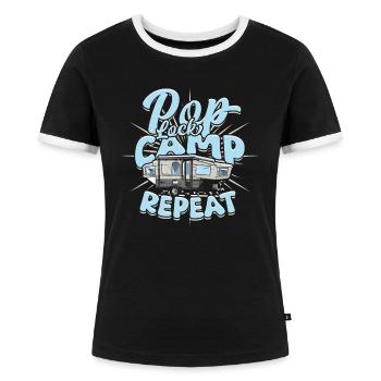 Pop Up Camper Faltcaravan Pop Lock Camp Repeat - Frauen Kontrast-T-Shirt - Schwarz/Weiß - Vorne - Selfina (174cm)