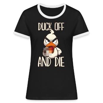 Duck Off Lustige Ente mit Mittelfinger - Frauen Kontrast-T-Shirt - Schwarz/Weiß - Vorne - Selfina (174cm)