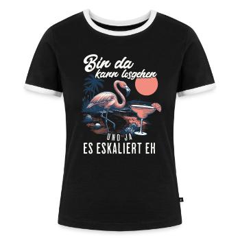 Lustiges Flamingo 'Bin da kann losgehen' Design - Frauen Kontrast-T-Shirt - Schwarz/Weiß - Vorne - Selfina (174cm)