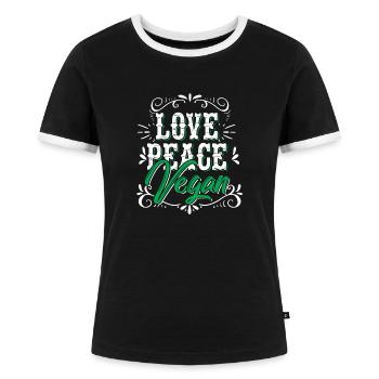 Liebe Frieden Vegan Peace Geschenk Hippie - Frauen Kontrast-T-Shirt - Schwarz/Weiß - Vorne - Selfina (174cm)