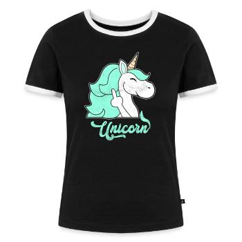 Niedlich Einhorn Mittelfinger - Frauen Kontrast-T-Shirt - Schwarz/Weiß - Vorne - Selfina (174cm)