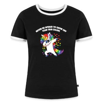 Lesben Motiv mit Spruch lesbisch CSD Regenbogen - Frauen Kontrast-T-Shirt - Schwarz/Weiß - Vorne - Selfina (174cm)