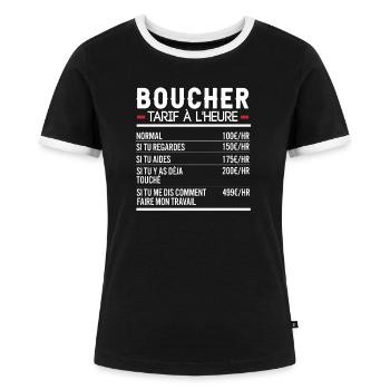 Boucher Idée Cadeau Humour Boucherie - T-shirt contrasté Femme - noir/blanc - Devant - Selfina (174cm)