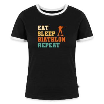 Eat Sleep Biathlon Repeat Biathlete - Frauen Kontrast-T-Shirt - Schwarz/Weiß - Vorne - Selfina (174cm)