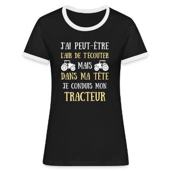 Dans ma tête tracteur homme humour agriculteur - T-shirt contrasté Femme - noir/blanc - Devant - Selfina (174cm)