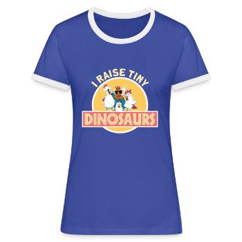I raise tiny Dino chicken rooster farmer dinosaur - Women's Ringer T-Shirt - blue/white - Front