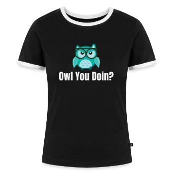 Ugle laver du? Ordspil Halloween kostume fugle - Dame kontrast-T-shirt - sort/hvid - Foran - Selfina (174cm)