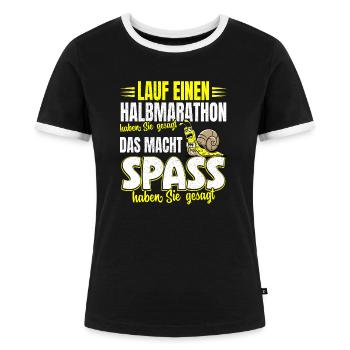 Laufen Joggen Laufshirt Herren Damen Halbmarathon - Frauen Kontrast-T-Shirt - Schwarz/Weiß - Vorne - Selfina (174cm)