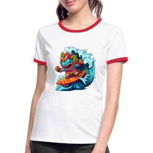 Comic Monster auf Surfbrett mit Big Wave - Frauen Kontrast-T-Shirt