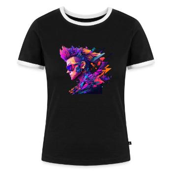 Punk Rocker mit Sonnenbrille im Pop-Art Design - Frauen Kontrast-T-Shirt - Schwarz/Weiß - Vorne - Selfina (174cm)
