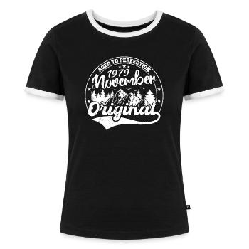 Legendär seit November 1979 - November 1979 - Frauen Kontrast-T-Shirt - Schwarz/Weiß - Vorne - Selfina (174cm)