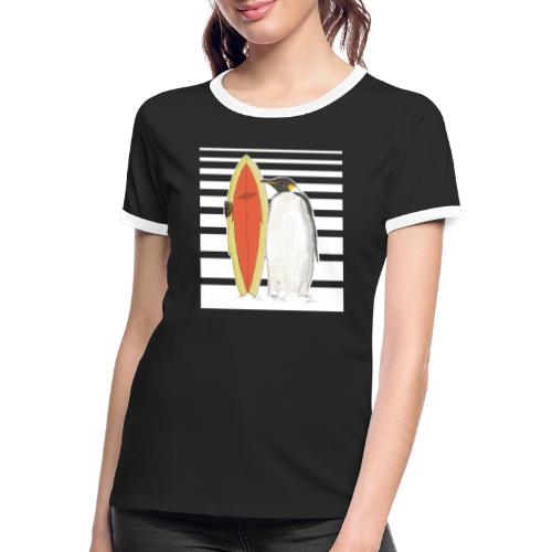 Penguin with Surfboard (stripes) - Women's Ringer T-Shirt