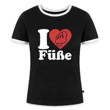 I Love Füße - Fuß - Fußpflege - Spruch - Frauen Kontrast-T-Shirt - Schwarz/Weiß - Vorne - Selfina (174cm)