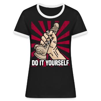 DO IT YOURSELF DILDO Strapon Umschnall Dildos - Frauen Kontrast-T-Shirt - Schwarz/Weiß - Vorne - Selfina (174cm)