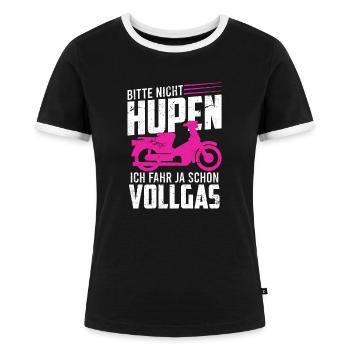 Mofa Moped Spruch bitte nicht hupen fahre Vollgas - Frauen Kontrast-T-Shirt - Schwarz/Weiß - Vorne - Selfina (174cm)