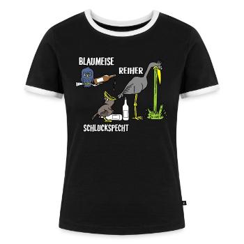 Blaumeise Reiher Schluckspecht - Frauen Kontrast-T-Shirt - Schwarz/Weiß - Vorne - Selfina (174cm)