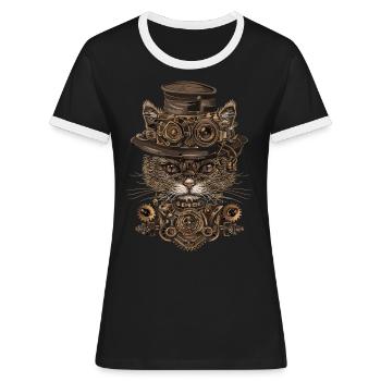 Steampunk-katze - Frauen Kontrast-T-Shirt - Schwarz/Weiß - Vorne - Selfina (174cm)
