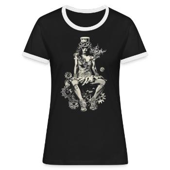 Schöne Frauen Steampunk Liebhaber - Frauen Kontrast-T-Shirt - Schwarz/Weiß - Vorne - Selfina (174cm)
