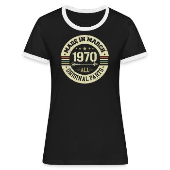 Legendary since March 1970 - Women's Ringer T-Shirt - black/white - Front - Selfina (174cm)