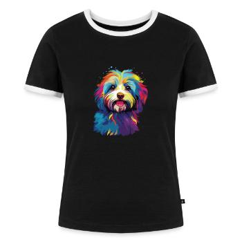 Wasserfarben Farbenfroher Havanese - Frauen Kontrast-T-Shirt - Schwarz/Weiß - Vorne - Selfina (174cm)
