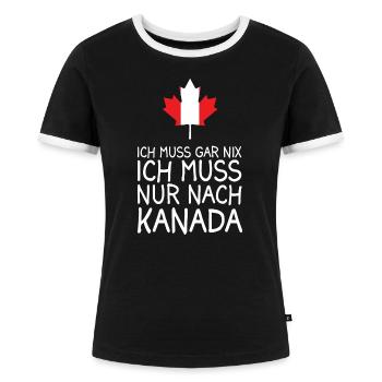 Lustige Kanada Ahornblatt Urlaub Geschenkidee - Frauen Kontrast-T-Shirt - Schwarz/Weiß - Vorne - Selfina (174cm)