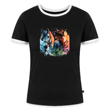 Westernreiterin mit Pferd aquarell - Frauen Kontrast-T-Shirt - Schwarz/Weiß - Vorne - Selfina (174cm)
