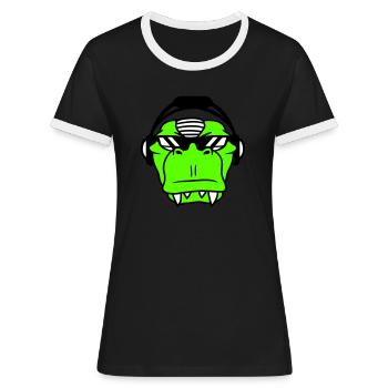 Cool DJ dinosaure T-Rex visage Musique de fête - T-shirt contrasté Femme - noir/blanc - Devant - Selfina (174cm)