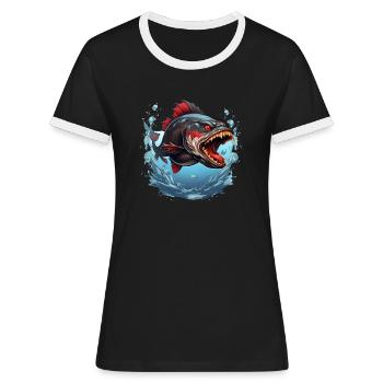 Piranha Fisch für Angler - Frauen Kontrast-T-Shirt - Schwarz/Weiß - Vorne - Selfina (174cm)