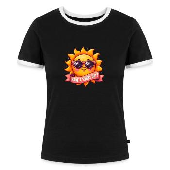 Kühle Sonne "Hab einen sonnigen Tag!" - Frauen Kontrast-T-Shirt - Schwarz/Weiß - Vorne - Selfina (174cm)