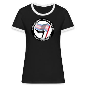 Hormone drin und trotzdm da – stabile trans Antifa - Frauen Kontrast-T-Shirt - Schwarz/Weiß - Vorne - Selfina (174cm)