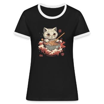 Cat Kitten Cat Japanese Ramen Cat - Women's Ringer T-Shirt - black/white - Front - Selfina (174cm)