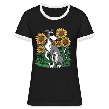Windhund und Sonnenblumen - Frauen Kontrast-T-Shirt - Schwarz/Weiß - Vorne - Selfina (174cm)
