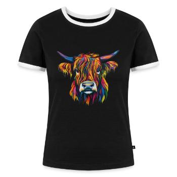 Kuh Highland Cow - Frauen Kontrast-T-Shirt - Schwarz/Weiß - Vorne - Selfina (174cm)