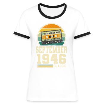 77. Geburtstag September Jahrgang 1946 Vintage - Frauen Kontrast-T-Shirt - Blau/Weiß - Vorne