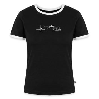 Camping Herzschlag Wohnwagen – Line Art Design - Frauen Kontrast-T-Shirt - Schwarz/Weiß - Vorne - Selfina (174cm)