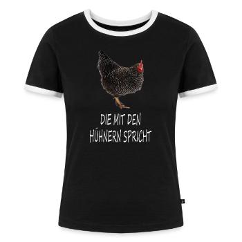 Die mit den Hühnern spricht | Sperber Huhn - Frauen Kontrast-T-Shirt - Schwarz/Weiß - Vorne - Selfina (174cm)